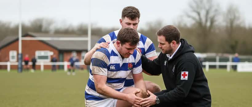Rugby players in a physical tackle during a Premiership match