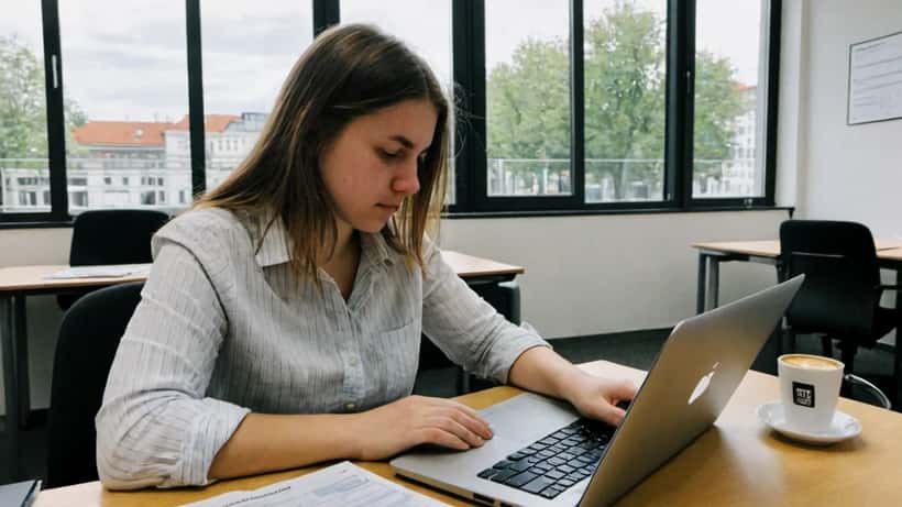 Junge Deutsche Frau sucht am Laptop nach Jobs — Generation Z auf dem Arbeitsmarkt 2026