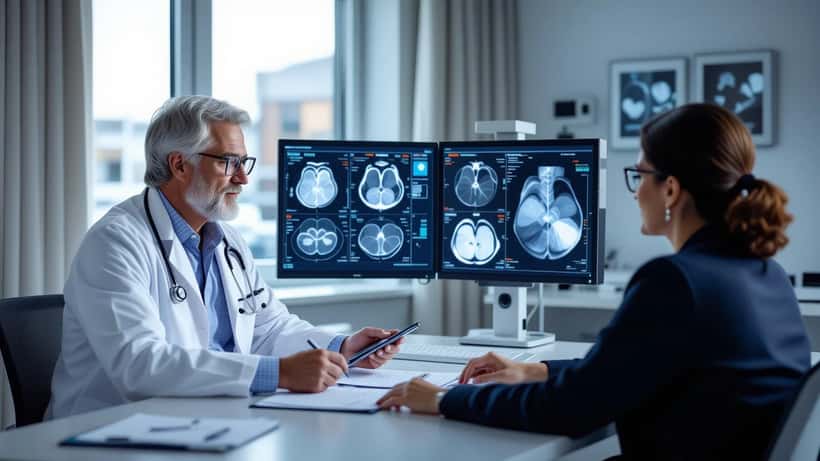 Oncoloog bespreekt neuro-endocriene kankerdiagnose met patient in ziekenhuisconsultatie