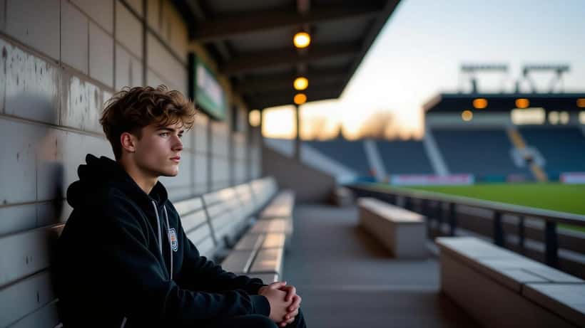 Jeune footballeur pensif seul dans un tunnel de stade, illustrant la pression de réussir dans l'ombre d'un parent célèbre