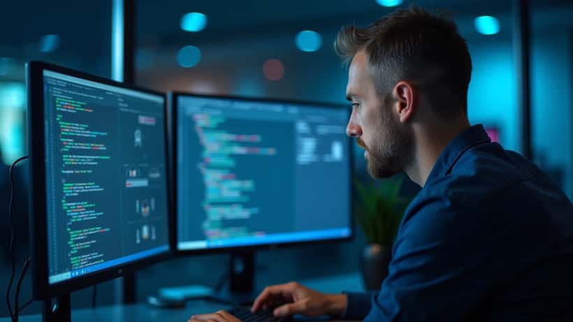 IT-professional analyseert DigiD-beveiliging op meerdere monitoren in een modern kantoor in Amsterdam