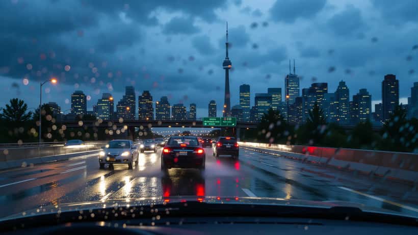 Voiture roulant sous un violent orage estival sur une autoroute inondée de Toronto en 2026