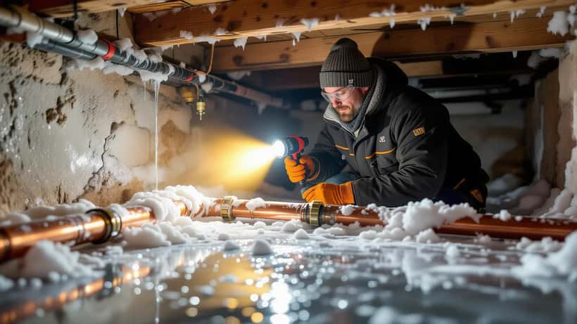 UK homeowner inspecting frost-covered burst pipe in loft during polar vortex cold snap