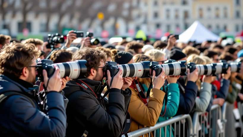 Pressefotografen mit Teleobjektiven und Blitzlicht bei einem öffentlichen Termin im Freien
