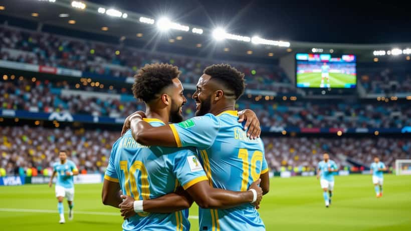Dois jogadores de futebol em campo com a camisa da seleção de Curaçao na Copa do Mundo 2026