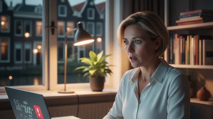 Nederlandse vrouw kijkt bezorgd naar laptop na online fraude in Amsterdam appartement