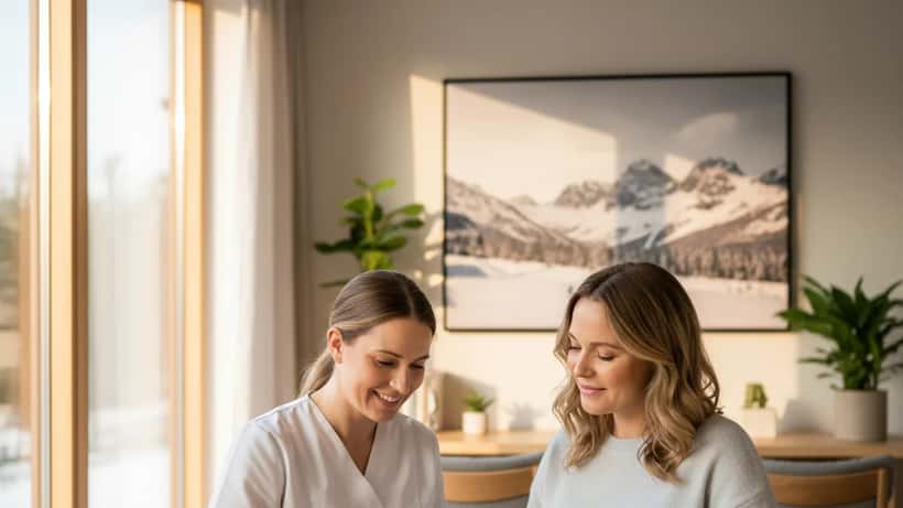 Gravid svensk kvinna på barnmorskemottagning i Stockholm diskuterar förlossningsförberedelse med barnmorska