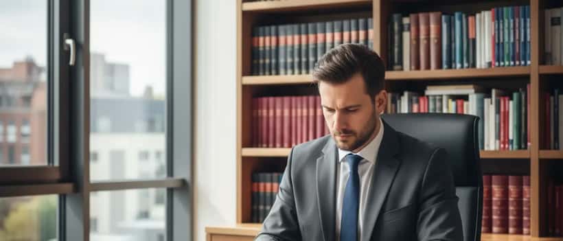 Deutscher Strafverteidiger prüft Fallunterlagen in modernem Rechtsbüro