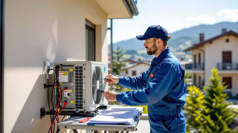 Tecnico italiano installa pompa di calore su palazzo residenziale a Bergamo, agosto 2026