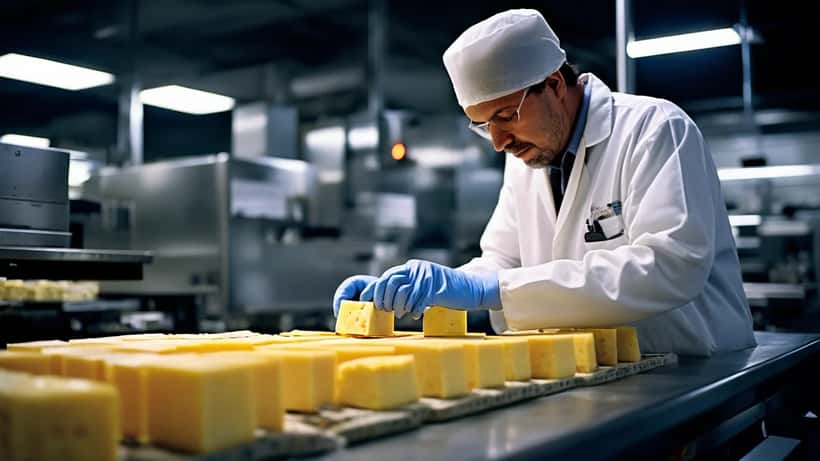 Food safety inspector examining recalled raw cheddar cheese in a California dairy inspection facility