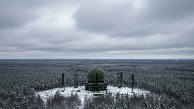 Militärt luftvärnssystem i ett nordsvenskt skogslandskap under molnig himmel