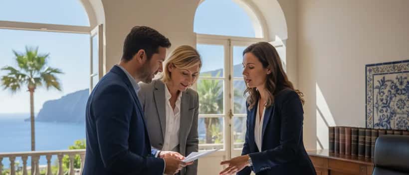 Advogado português revendo documentos imobiliários com casal em escritório em ilha atlântica