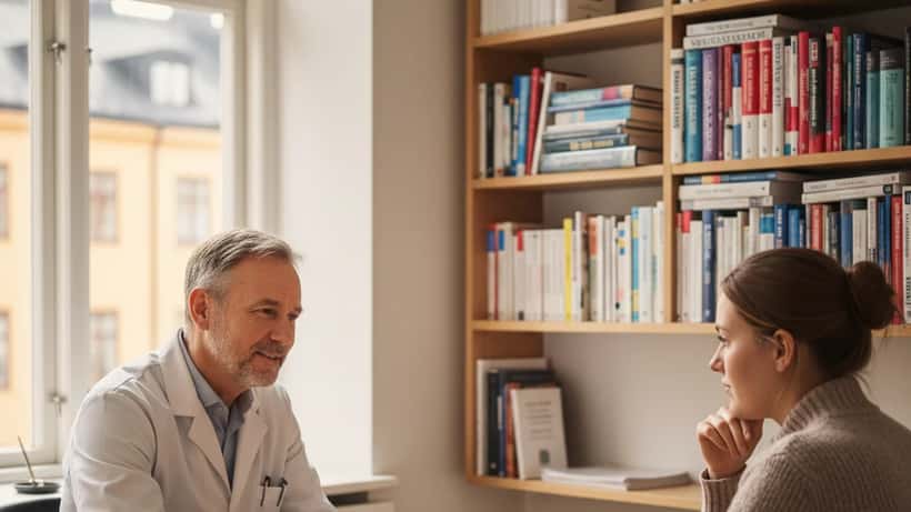 Svensk psykiatriker i vit rock i konsultationsrum med patient i Stockholm