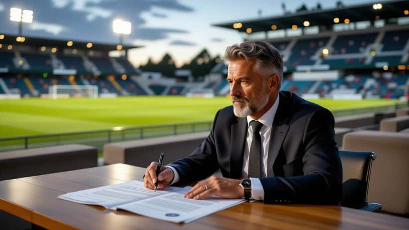 Treinador de futebol revê contrato desportivo nas bancadas de um estádio português ao entardecer