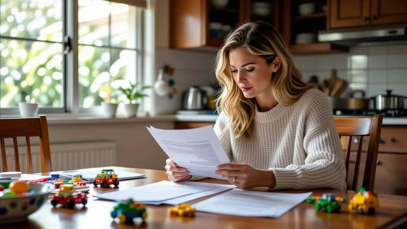 Young Australian woman reviewing estate documents and custody papers at kitchen table