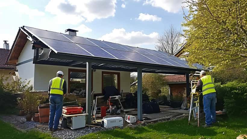 Handwerker installiert Solarpaneele auf einem Carport-Rahmen im Garten eines österreichischen Einfamilienhauses
