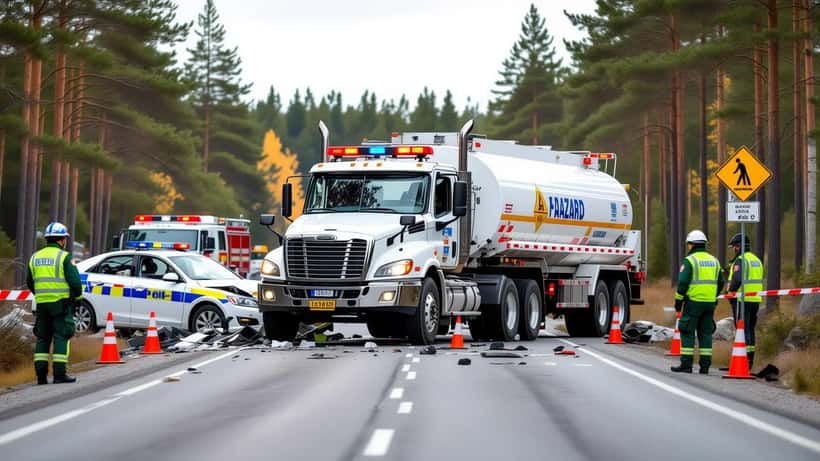 Tankbil med ADR-skylt och polisavspärrning på riksväg 66 i Dalarna efter frontalkrock med personbil