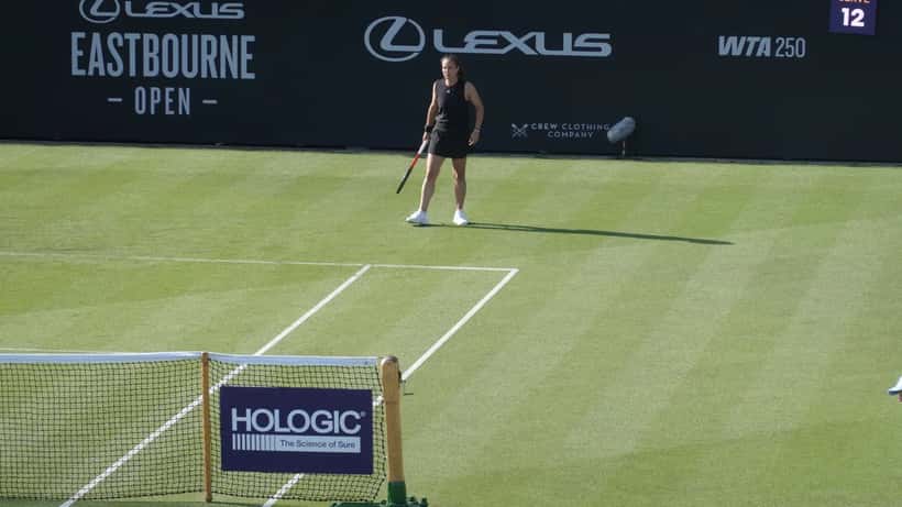 Daria Kasatkina playing tennis at the 2025 Eastbourne Open