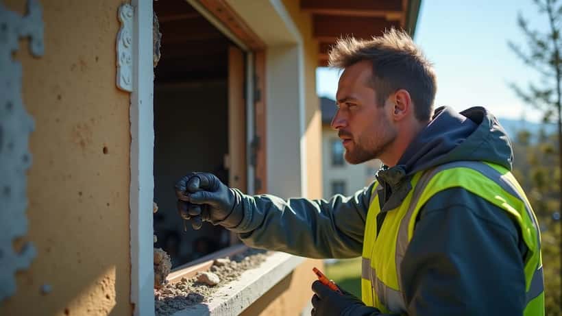 Expert en sinistres examinant les dégâts sur une façade de maison après l'explosion à Illnau-Effretikon, Suisse 2026