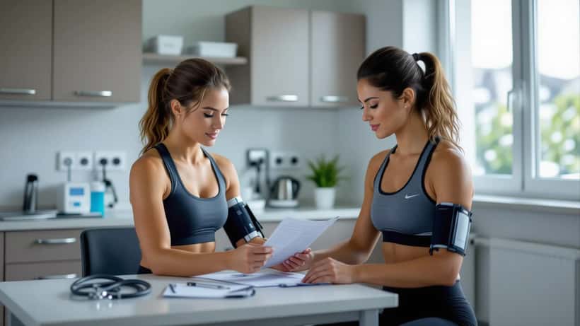 Sports physician reviewing an ECG printout with a female athlete in a clinic exam room