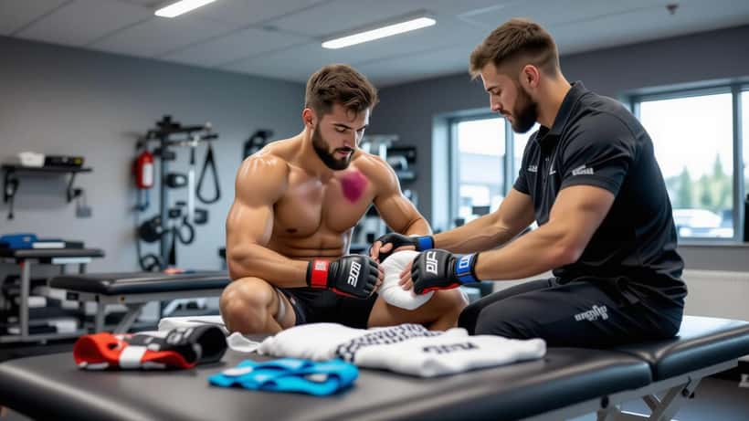 Physiotherapist examining a fighter's bruised calf in a gym medical room