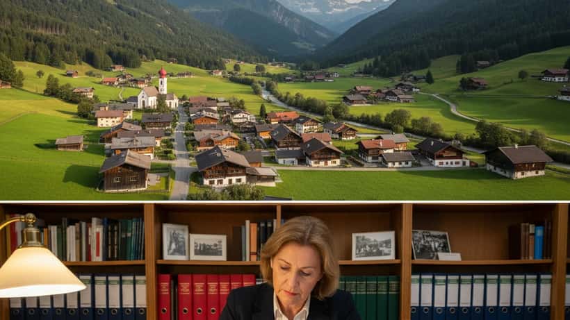 Österreichische Frau prüft Gebührenbescheide und offizielle Dokumente an einem Schreibtisch in Wien