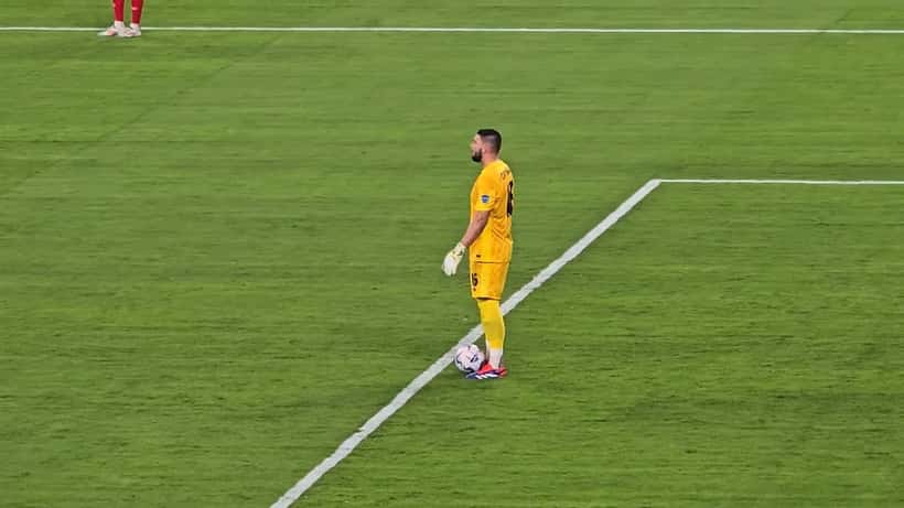 Maxime Crépeau in goal for Canada during an international soccer match