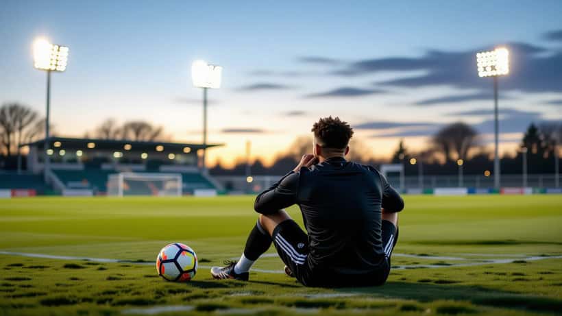 Footballer sitting alone on empty training pitch at dusk