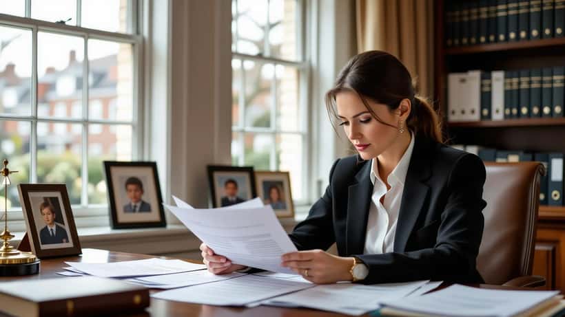 Female family law solicitor reviewing international custody court papers in a London office, photojournalism style