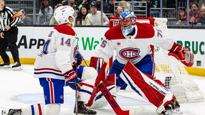 Jakub Dobeš et Nick Suzuki, gardien de but et capitaine des Canadiens de Montréal en séries 2026
