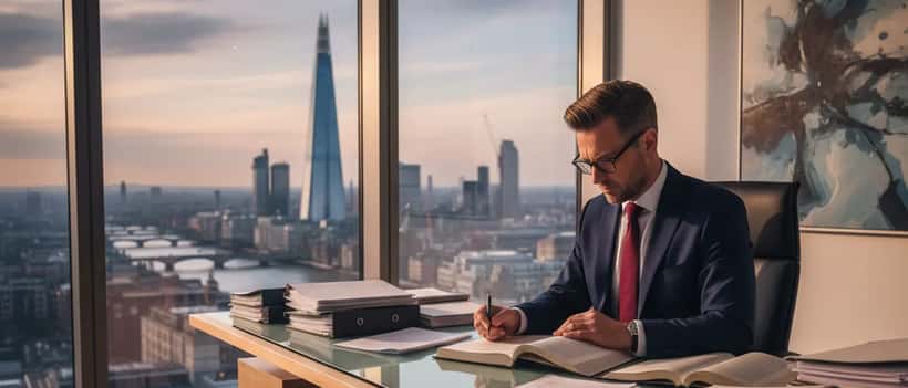 British solicitor reviewing legal documents in a professional London office