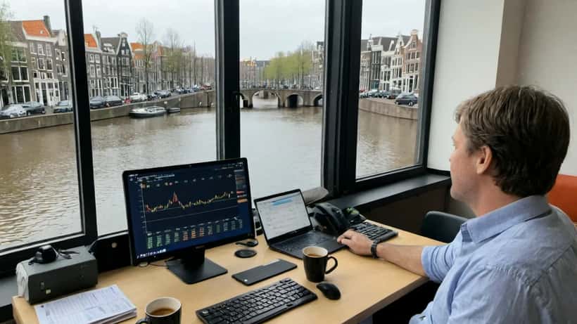 Nederlandse belegger bekijkt cryptokoersen op meerdere schermen in Amsterdam