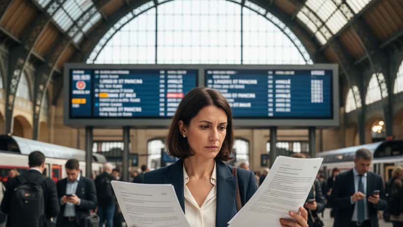 Femme consultant ses droits de passager à Paris Gare du Nord face aux annulations Eurostar d'avril 2026