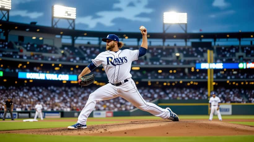 Right-handed pitcher mid-windup delivering a fastball at a major league baseball stadium evening game