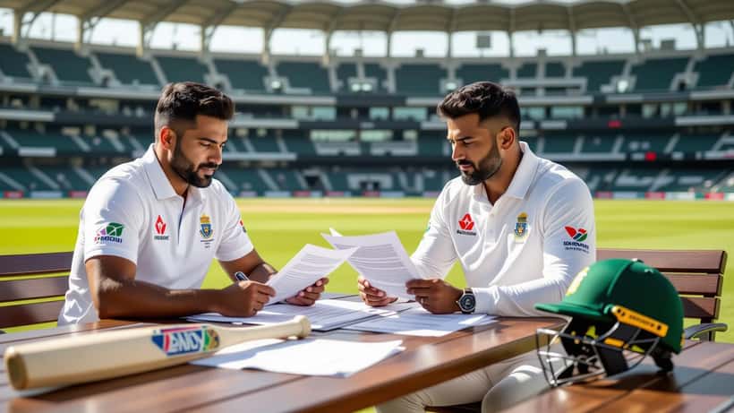 West Indian cricketer reviewing legal contract with solicitor in cricket dressing room