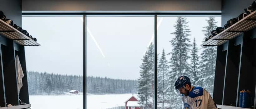 Jääkiekkoilija pukuhuoneessa ennen pudotuspeliä, henkinen valmistautuminen