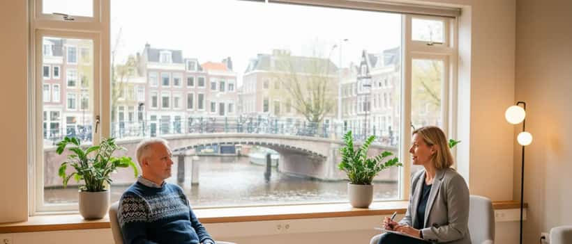Man in gesprek met psycholoog in een Amsterdams consultatiekantoor aan het water