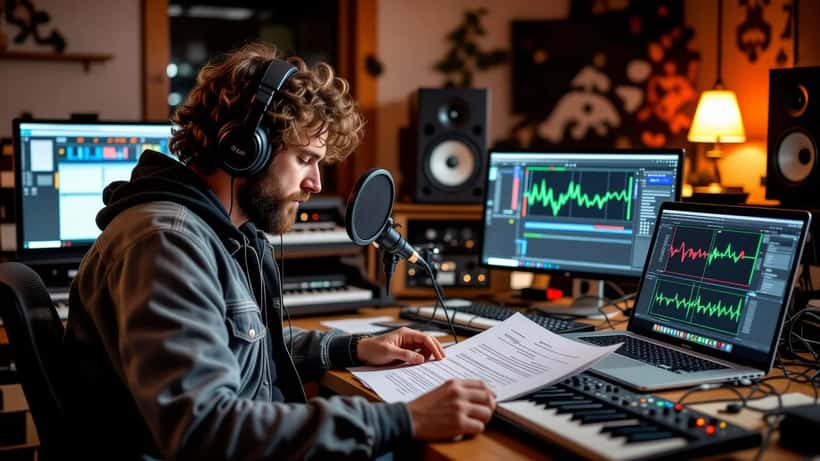 UK musician reviewing a music licensing contract at a home studio mixing desk in London
