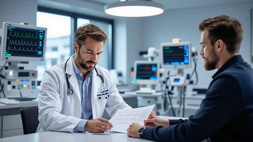 Kardiolog granskar EKG-resultat med orolig patient i modernt Stockholm-klinik