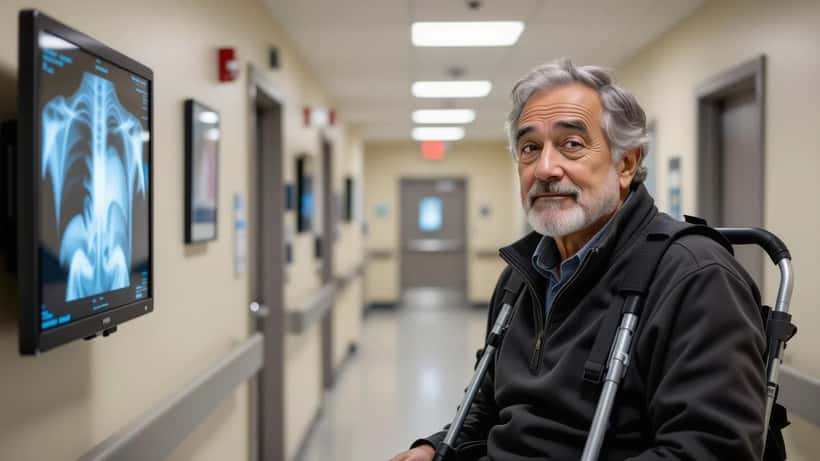 Homme avec béquilles dans couloir d'une clinique orthopédique à Montréal, radio de hanche illuminée en fond