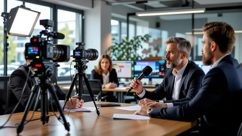 TV-journalist holder mikrofon mot intervjuobjekt i et moderne nyhetsredaksjonskontor
