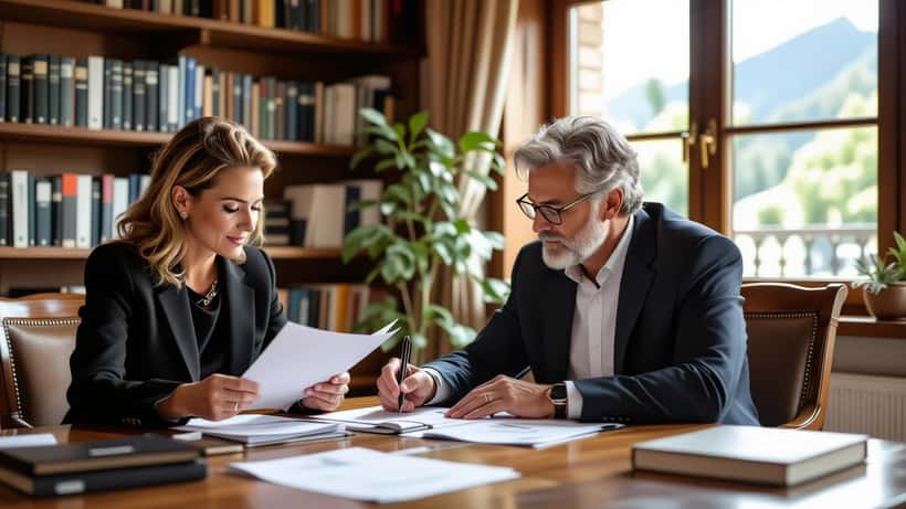 Notaire examinant un testament manuscrit et des documents de succession sur un bureau, alliance et photo de famille posées à côté — bureau notarial Genève 2026