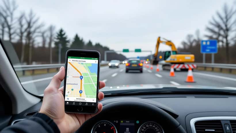 Bilist bruger navigations-app på smartphone i kø på E20-motorvejen ved vejarbejde