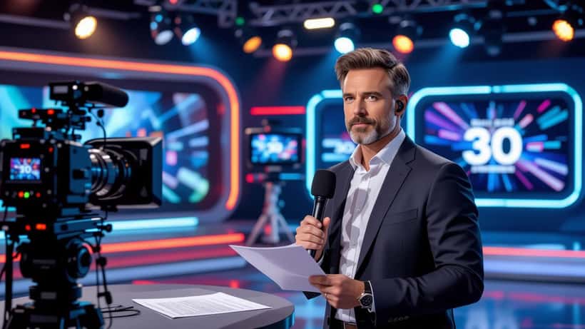 Animateur de télévision sur un plateau de jeu télévisé français avec contrat de production visible