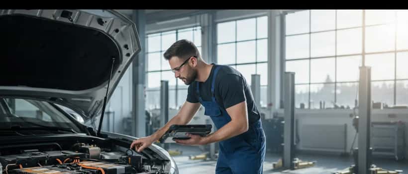 Kfz-Mechaniker prüft Hochvoltbatterie eines Elektroautos in der Werkstatt