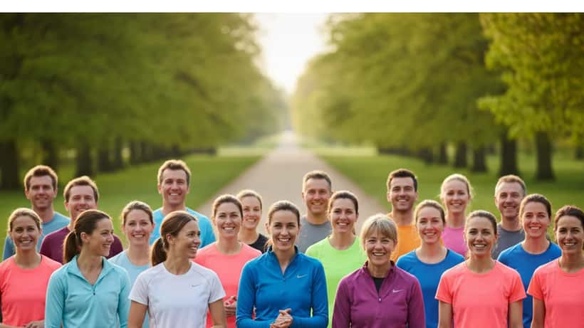 Group of British parkrunners at the start of a Saturday morning 5K in a London park in April 2026