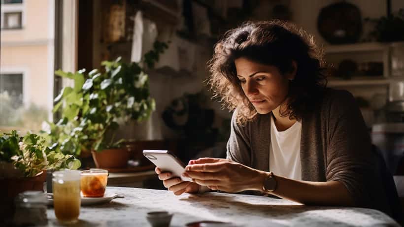 Donna italiana che consulta l'oroscopo sul telefono al mattino con tazza di caffè