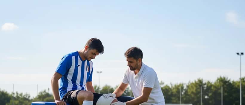 Calciatore amatoriale italiano sul bordo del campo riceve fisioterapia sul muscolo della coscia da un medico sportivo