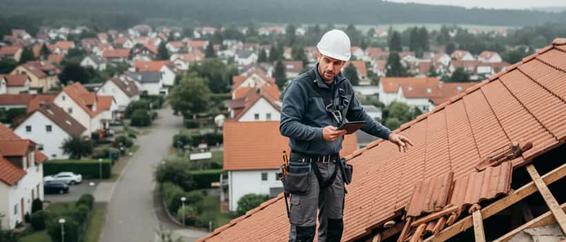 Handwerker begutachtet Sturmschäden am Hausdach nach Unwetter