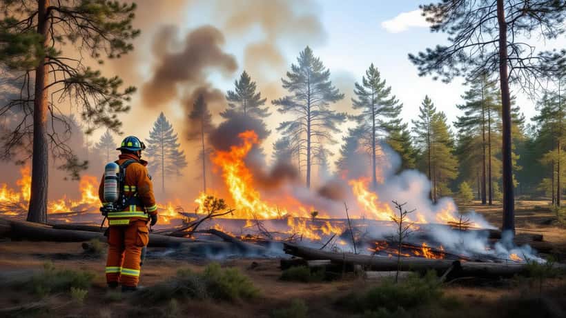 Brandman vid skogsbrand i södra Sverige med rök och orange lågor